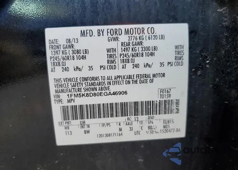 2014 Ford Explorer Xlt из США, поврежденный, VIN 1FM5K8D80EGA46906